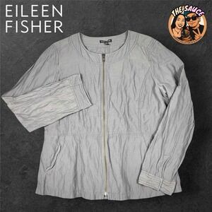 Eileen Fisher Crinkle Jacket Womens Large Metallic Zip Quiet Luxury‎ Minimalist